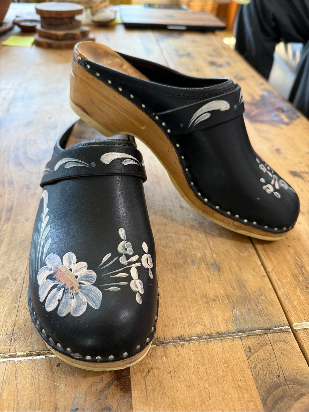 Troentorp Rembrandt Swedish Clogs - Hand Painted Floral Black Leather-size 39